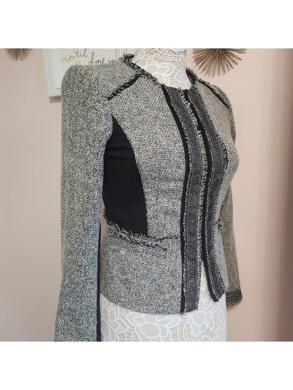 Flawless White House black Market Tweed blazer black white tan fringe zip 2